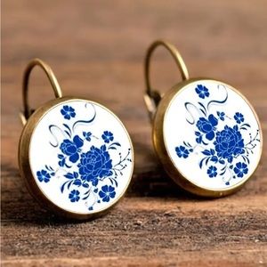 Bronze Colored Blue Floral Porcelain Earrings